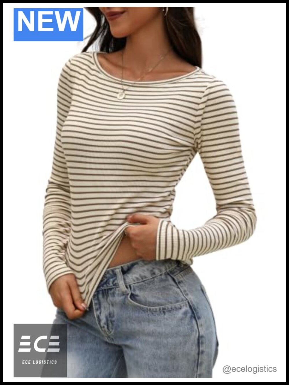 Womens Striped Ribbed Knit Long Sleeve Boat Neck Fitted Top